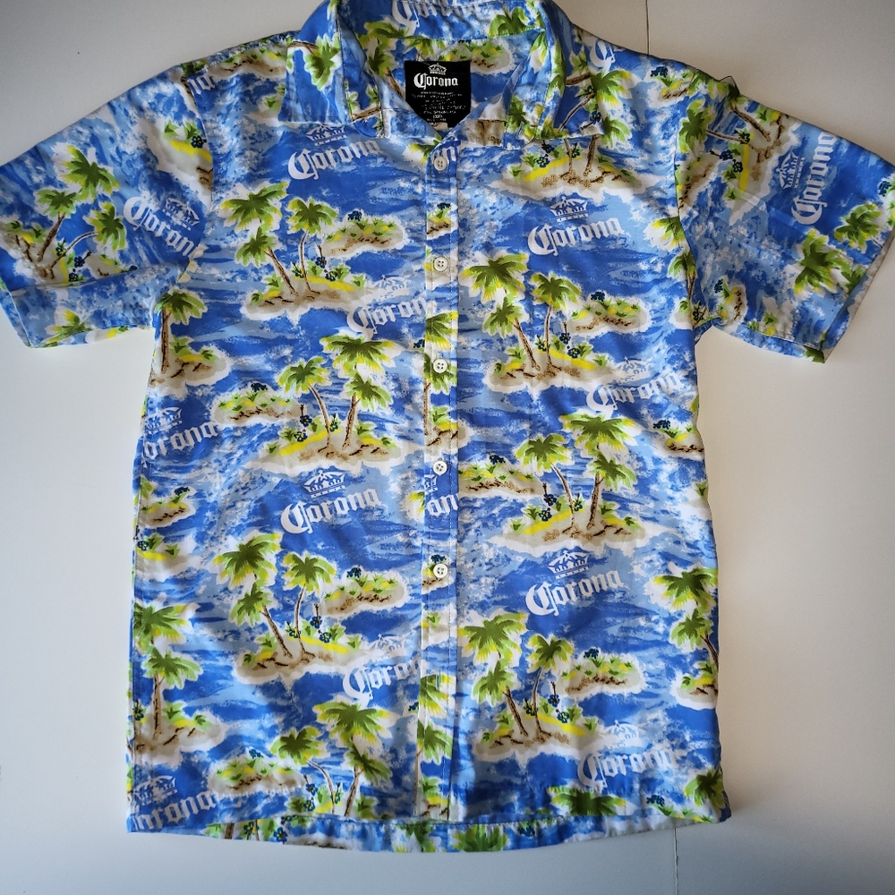 Corona Beer Men's Hawaiian Beach Button-Up Shirt Short Sleeve Blue Size S Unisex